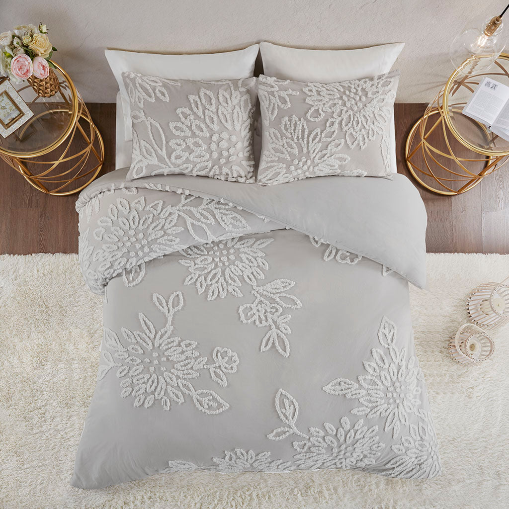 3 Piece Grey & White Tufted Cotton Chenille Floral Duvet Cover Set (2 Sizes)