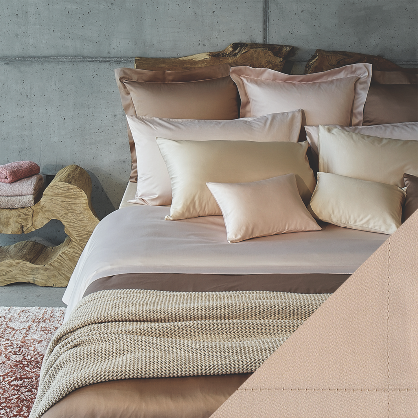 Full Bed Dressed in Celso de Lemos Secret Bedding with Powder Colored Swatch