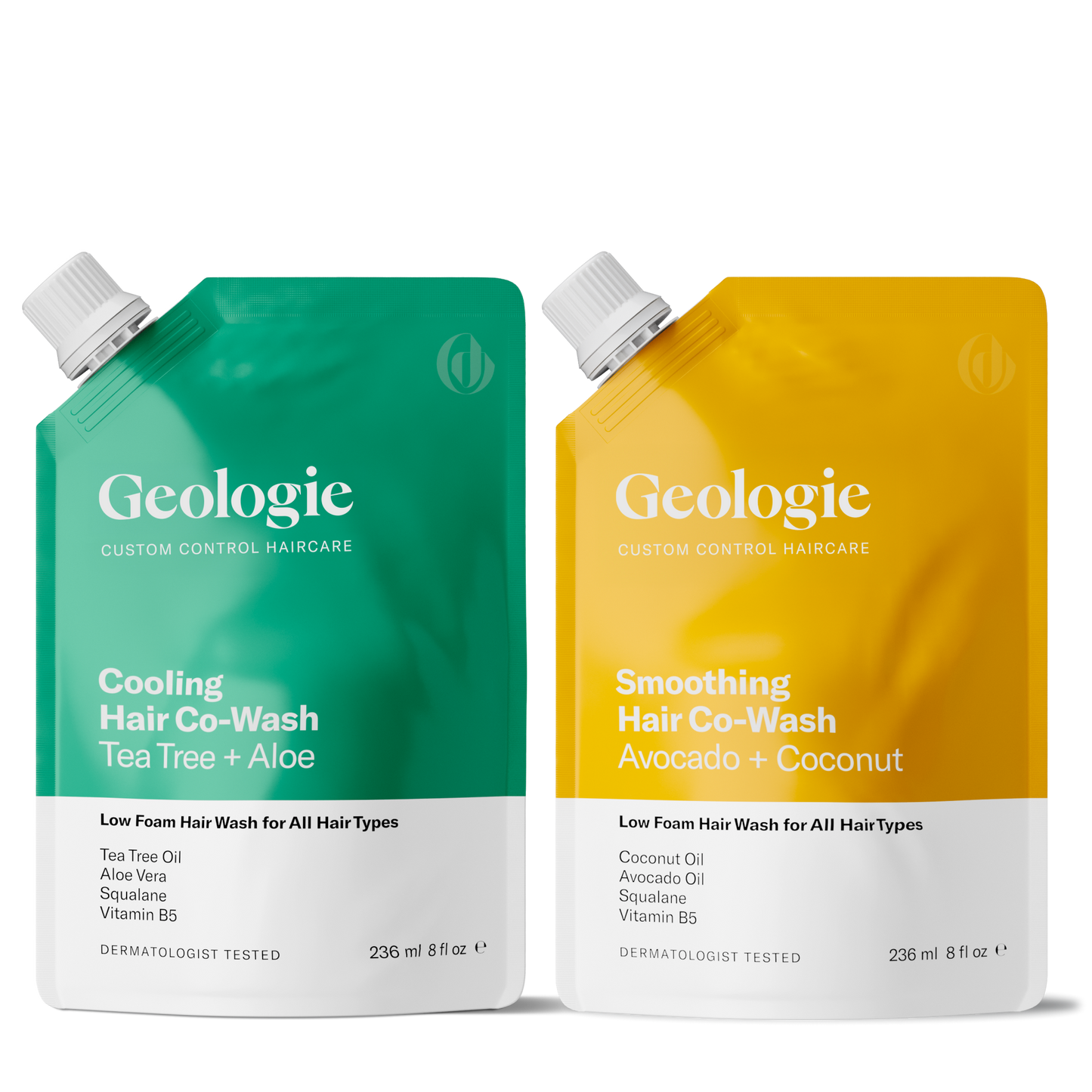 Two Geologie Co-Wash Cleansing Conditioner pouches with tea tree and avocado oil formulations that cleans and conditions hair.