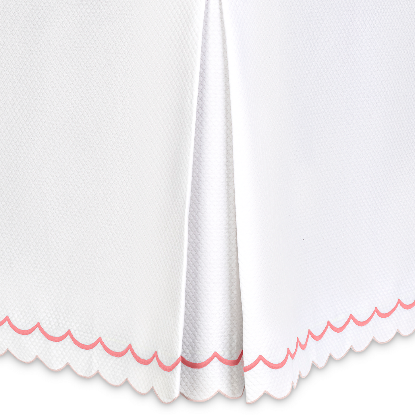 Closeup of Matouk India Pique Bedding Bedskirt in Blush Color