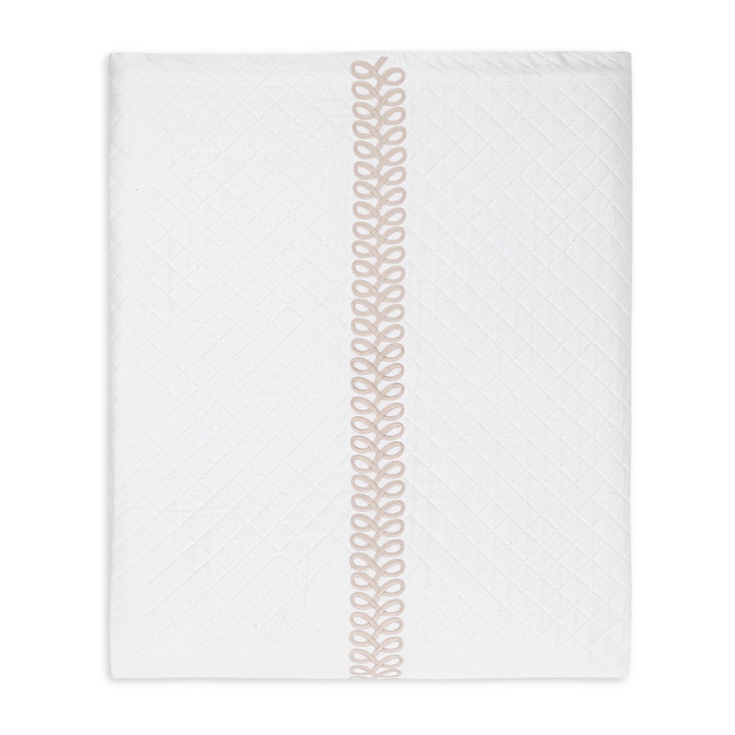 Folded Coverlet of Matouk Schumacher Astor Braid Matelassé Bedding in Dune Color