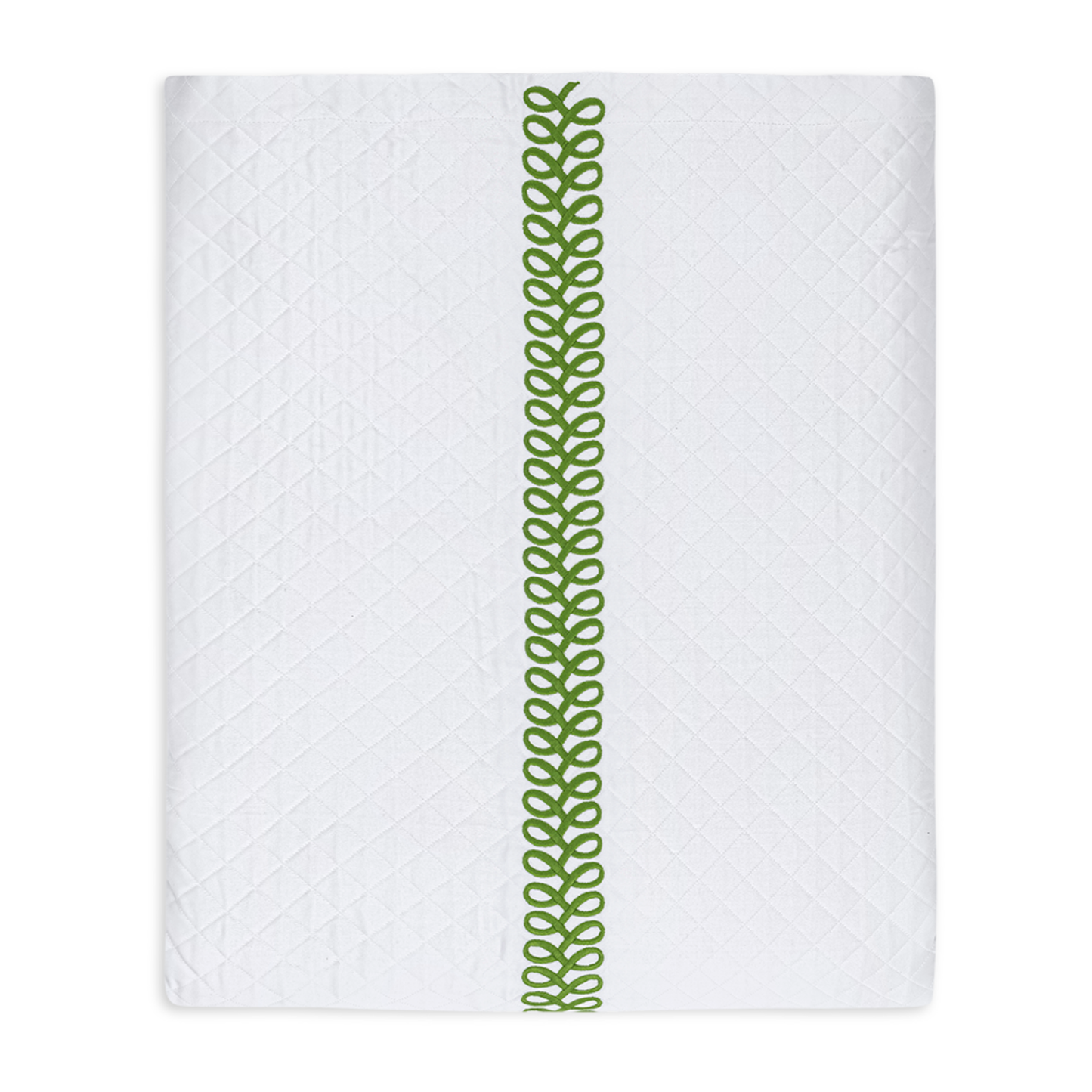 Folded Coverlet of Matouk Schumacher Astor Braid Matelassé Bedding in Grass Color