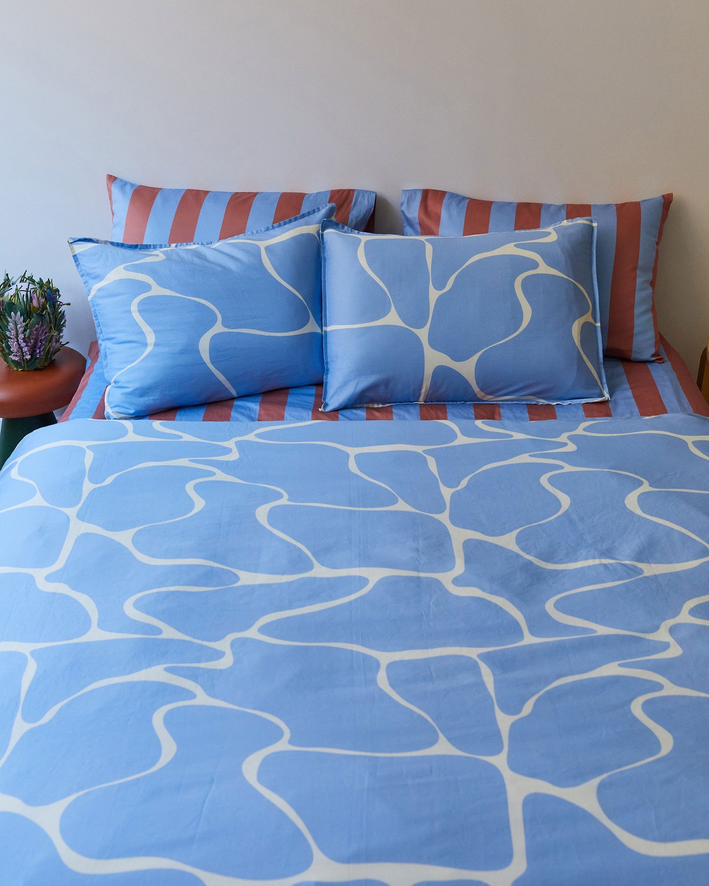 Dusen Dusen Mist Duvet Set. Duvet cover in soft blue and white Mist print. 100% cotton sateen, 300 thread count. Machine wash cold and tumble dry. Made in Portugal. Our cotton sateen is smooth and cool to the touch and features a slightly lustrous finish.; Like being hugged by a cool fog. That sounds so nice, I'm gonna buy one for myself. Care to join?