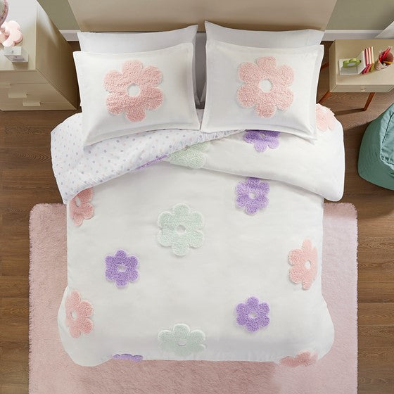 Kids White Floral Reversible Tufted Chenille Duvet Cover Set (2 Sizes)