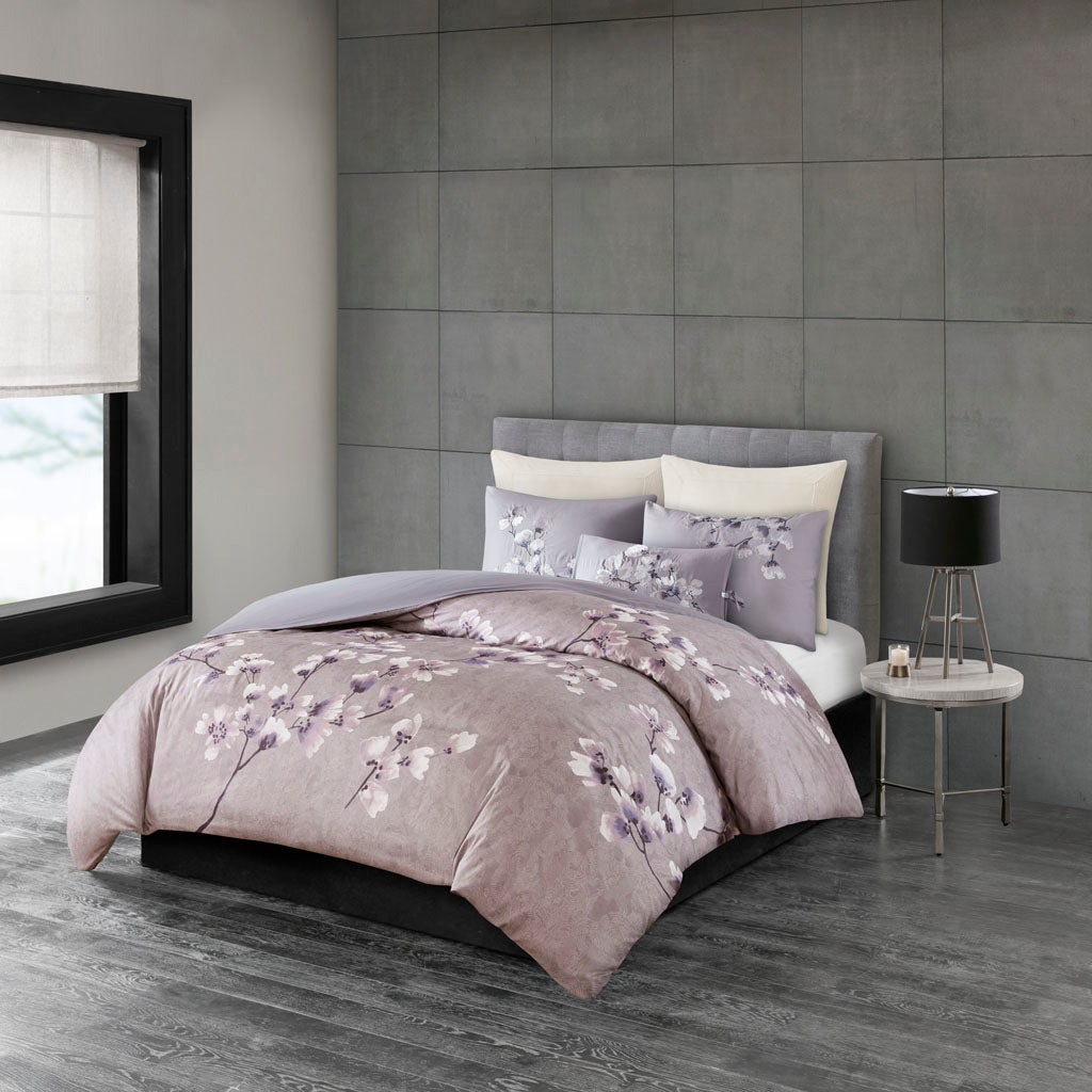 3 Piece Cotton Lilac Blossom Printed Duvet Cover Set (2 Sizes)