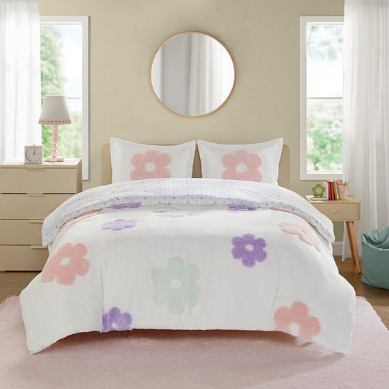 Kids White Floral Reversible Tufted Chenille Duvet Cover Set (2 Sizes)