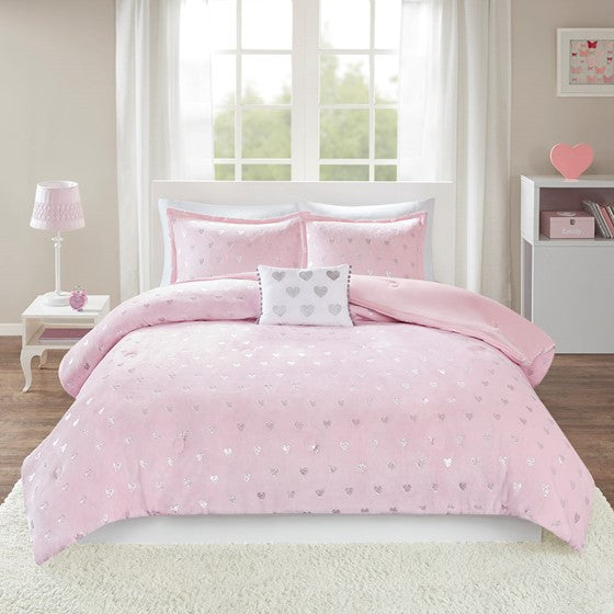 Kids Pink & Silver Metallic Printed Plush Comforter Set (2 Sizes)