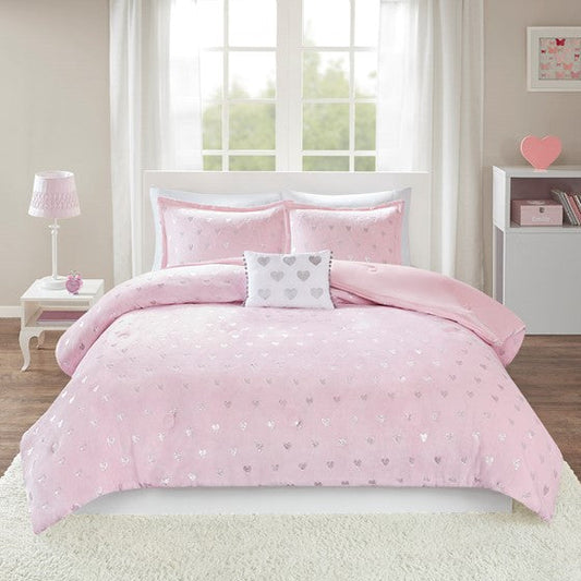 Kids Pink & Silver Metallic Printed Plush Comforter Set (2 Sizes)