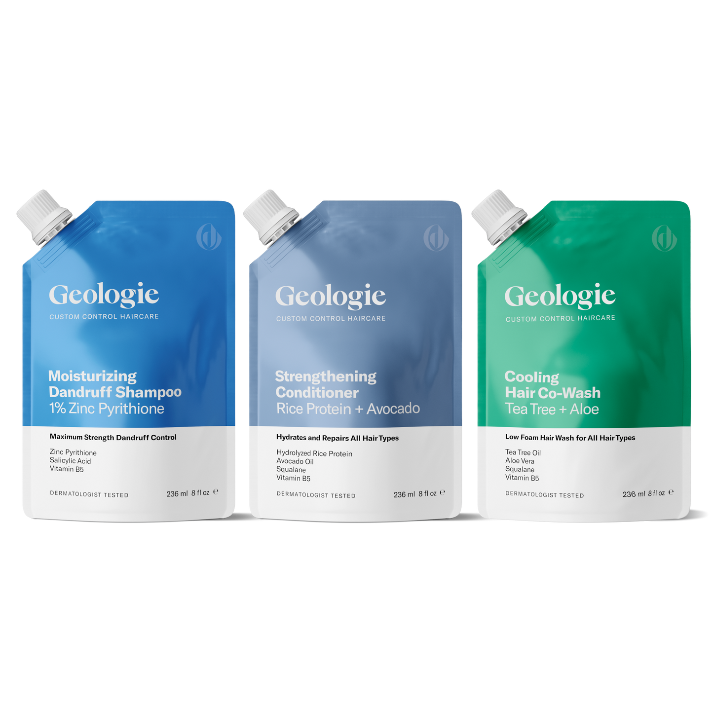 Three bottles of Geologie Anti-Dandruff Haircare Set, merchandised on Geologie.com, featuring shampoo, conditioner, and hair co-wash.