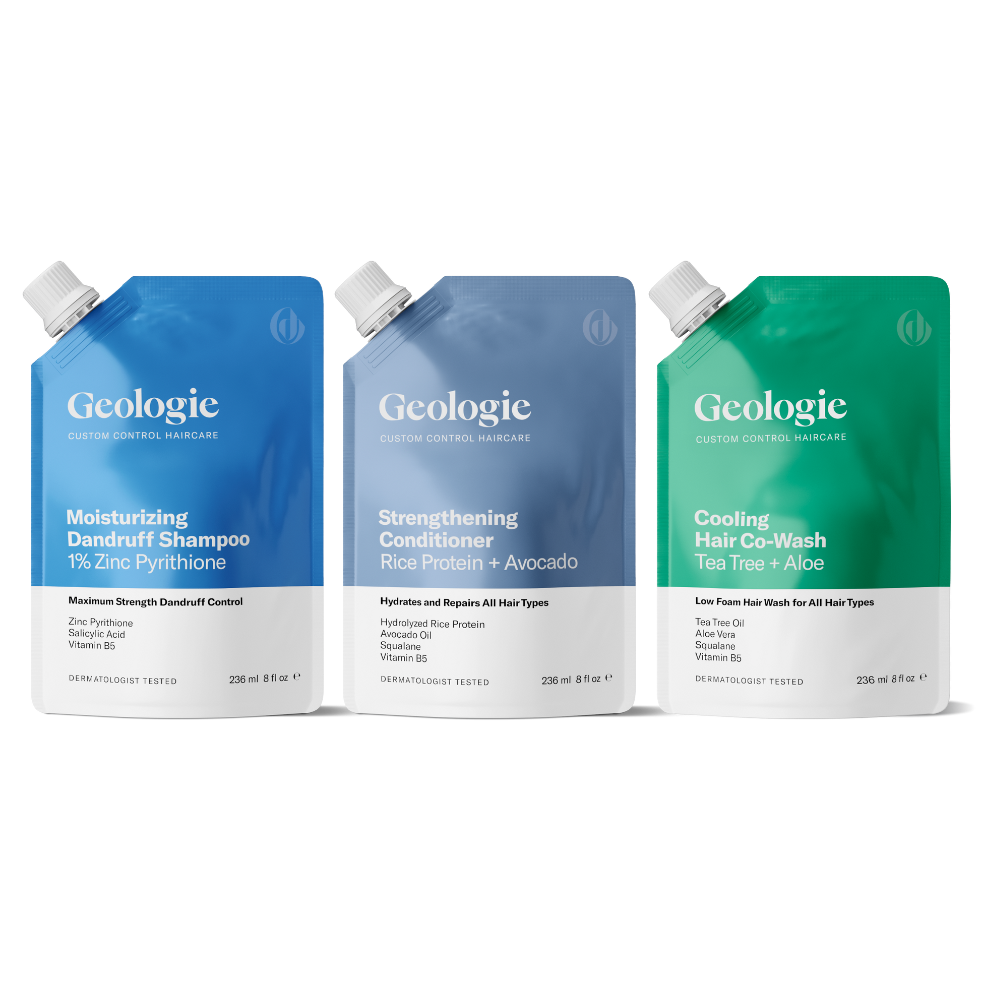 Three bottles of Geologie Anti-Dandruff Haircare Set, merchandised on Geologie.com, featuring shampoo, conditioner, and hair co-wash.