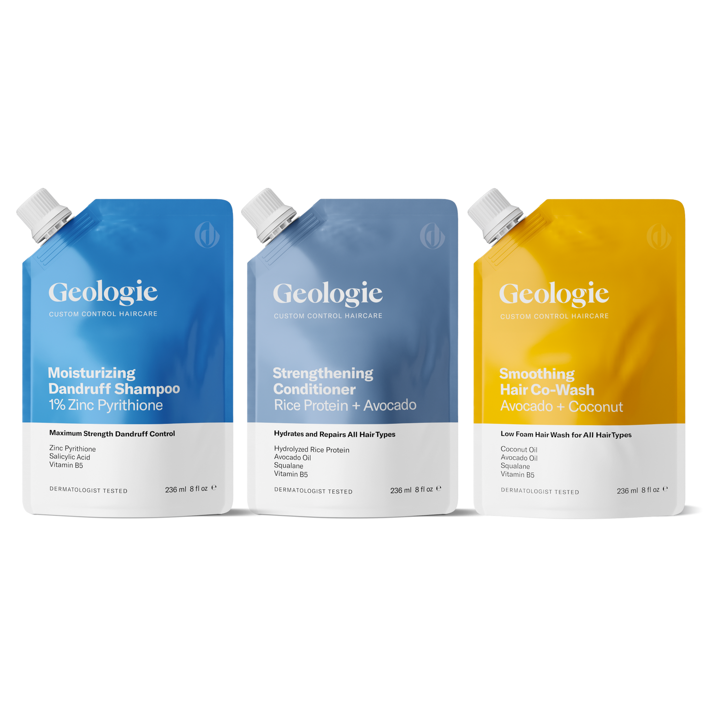 Three Geologie Anti-Dandruff Haircare Set products side by side: moisturizing shampoo, strengthening conditioner, and smoothing hair co-wash.