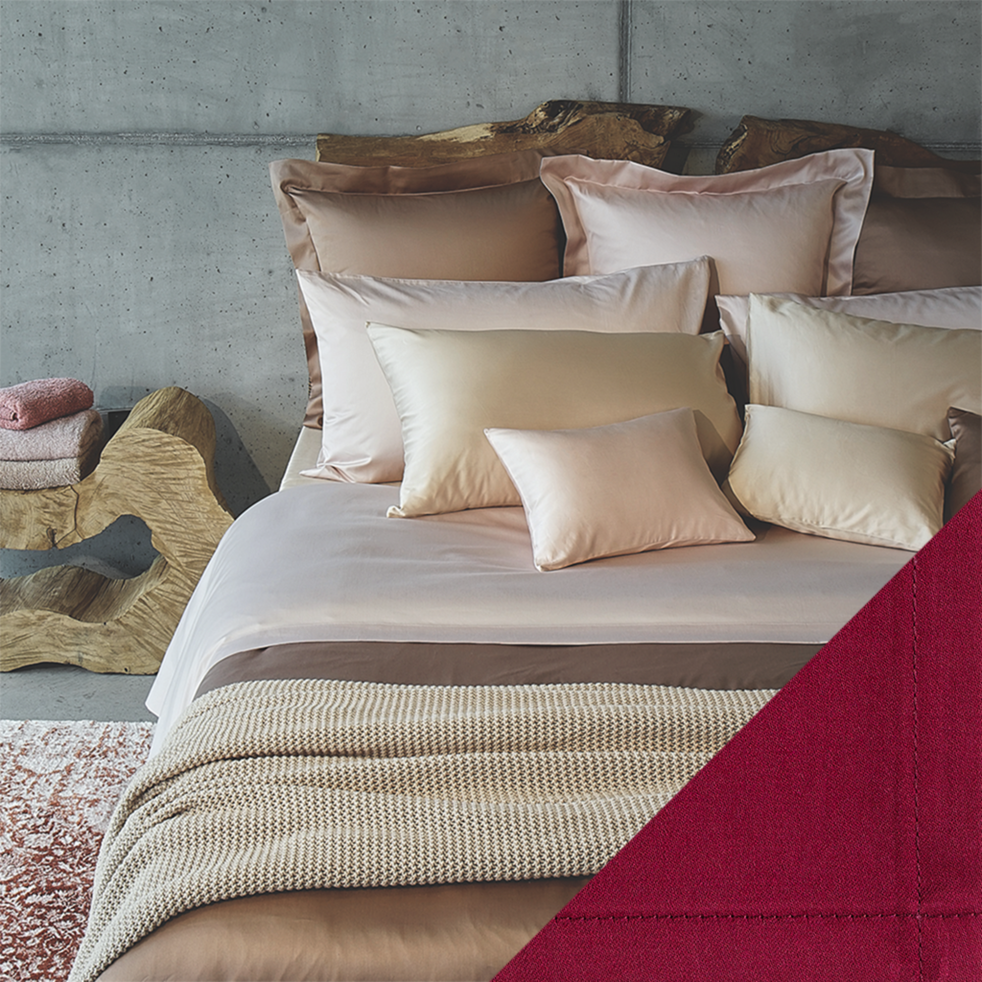 Full Bed Dressed in Celso de Lemos Secret Bedding with Rubis Colored Swatch