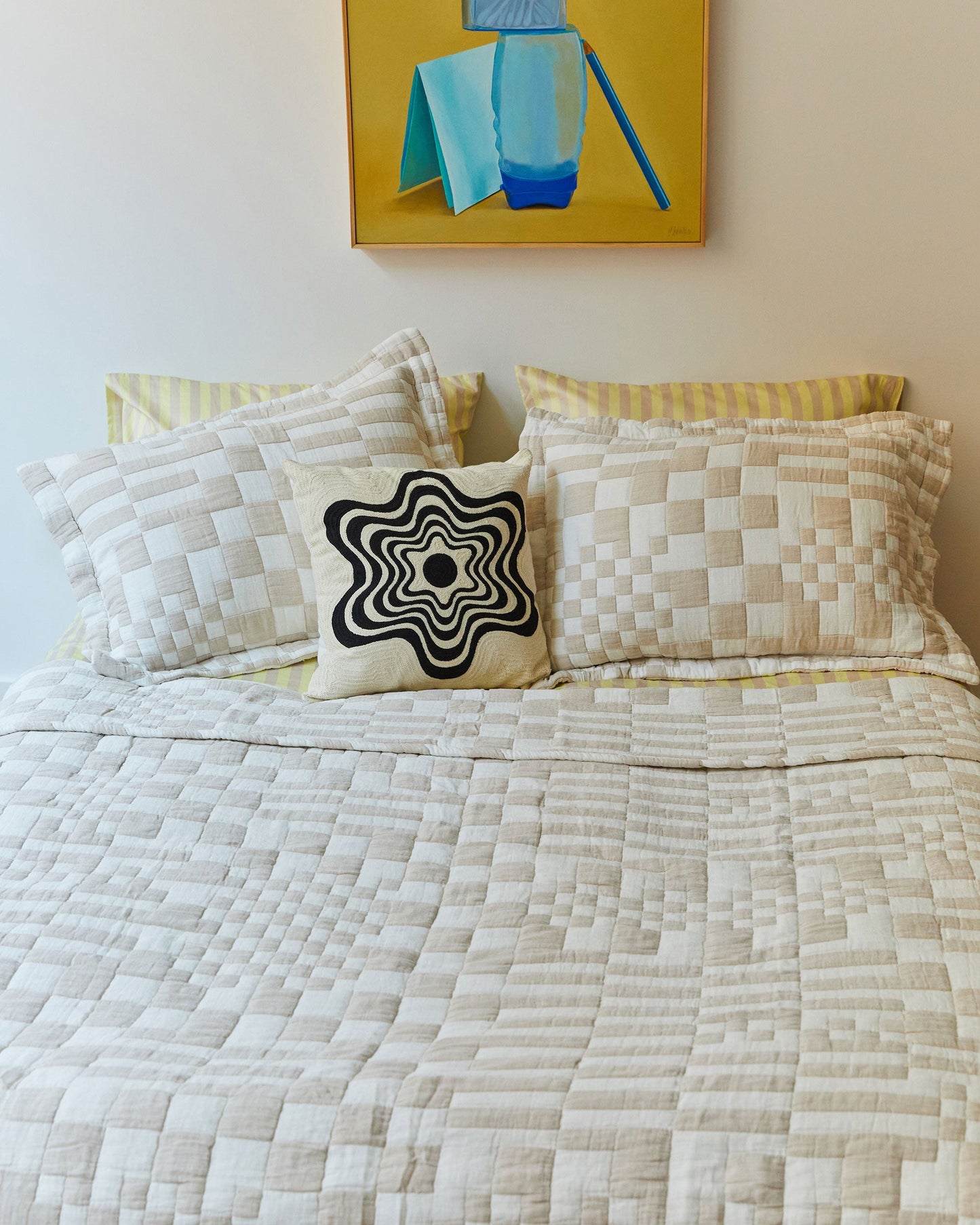 Dusen Dusen Beige Coverlet Set.  Coverlet Set in beige and white Check print. Woven matelassé coverlet with inner layer of insulation for a quilted effect. Stone washed, with an extra soft and gauzy hand feel. 100% c; When people say "check please!" they are referring to this coverlet!