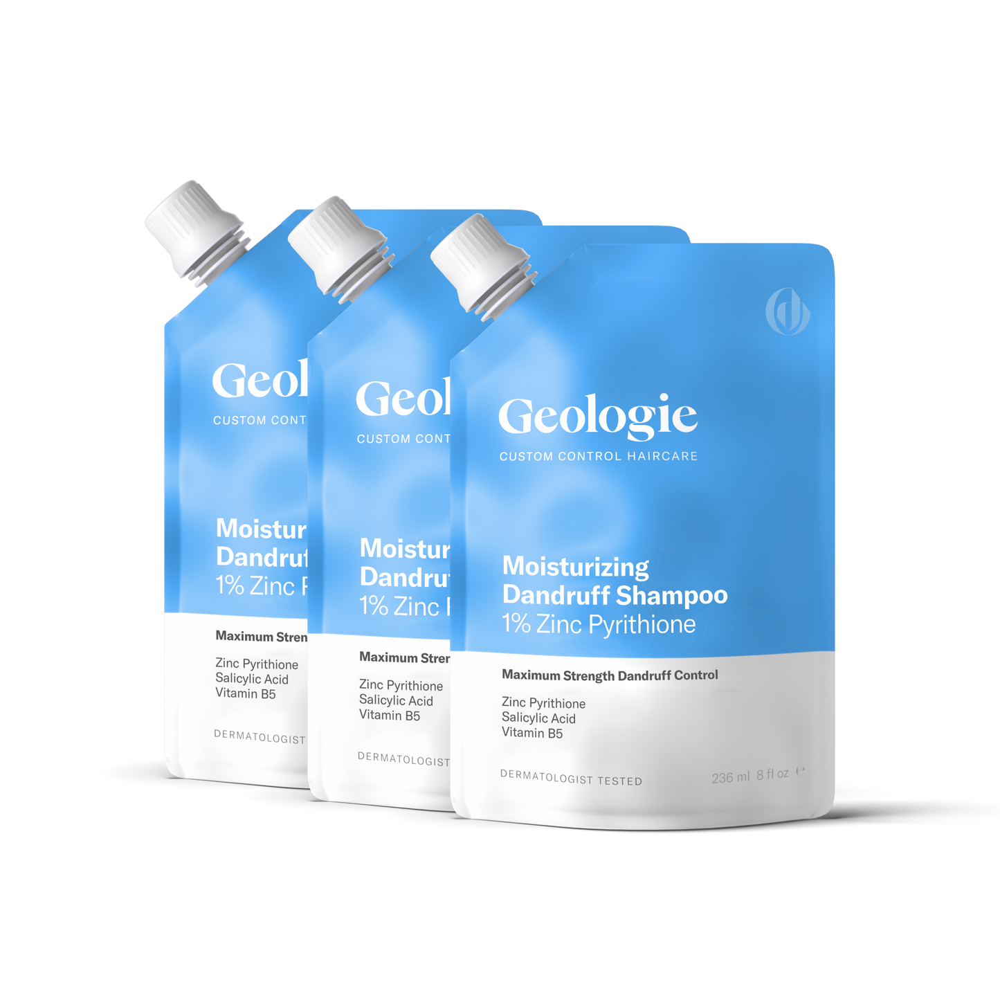 Three bottles of Geologie Moisturizing Dandruff Shampoo with 1% zinc content for dandruff and dry scalp.