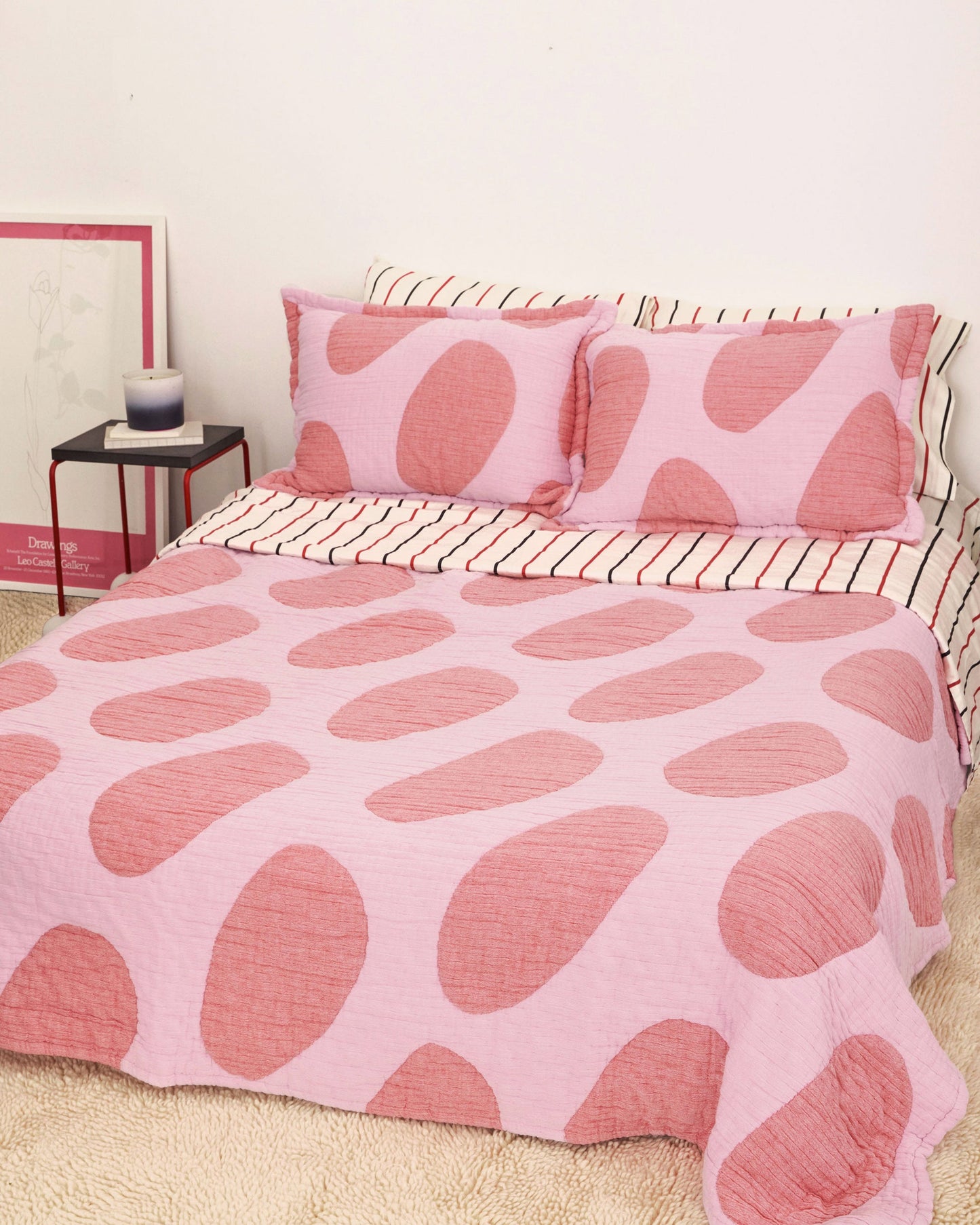 Dusen Dusen Egg Coverlet. Coverlet Set in dark and light pink Egg print. Woven matelassé coverlet with an inner layer of insulation for a quilted effect. Stone-washed, with an extra soft and gauzy hand feel.; Don't put all your eggs in one basket. Because we put them on this blanket!