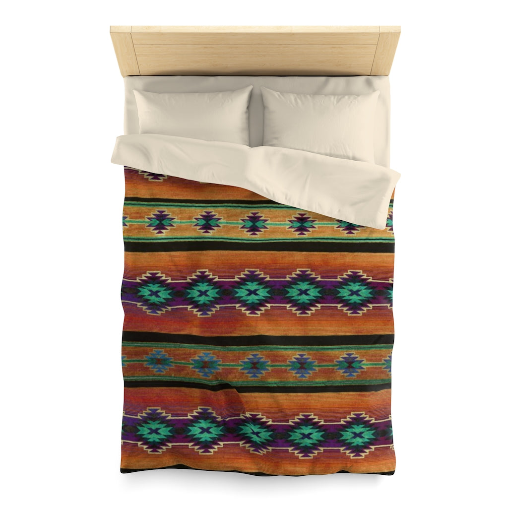 Funky Shaman Burnt Amber Green | Native American Pattern Duvet Cover