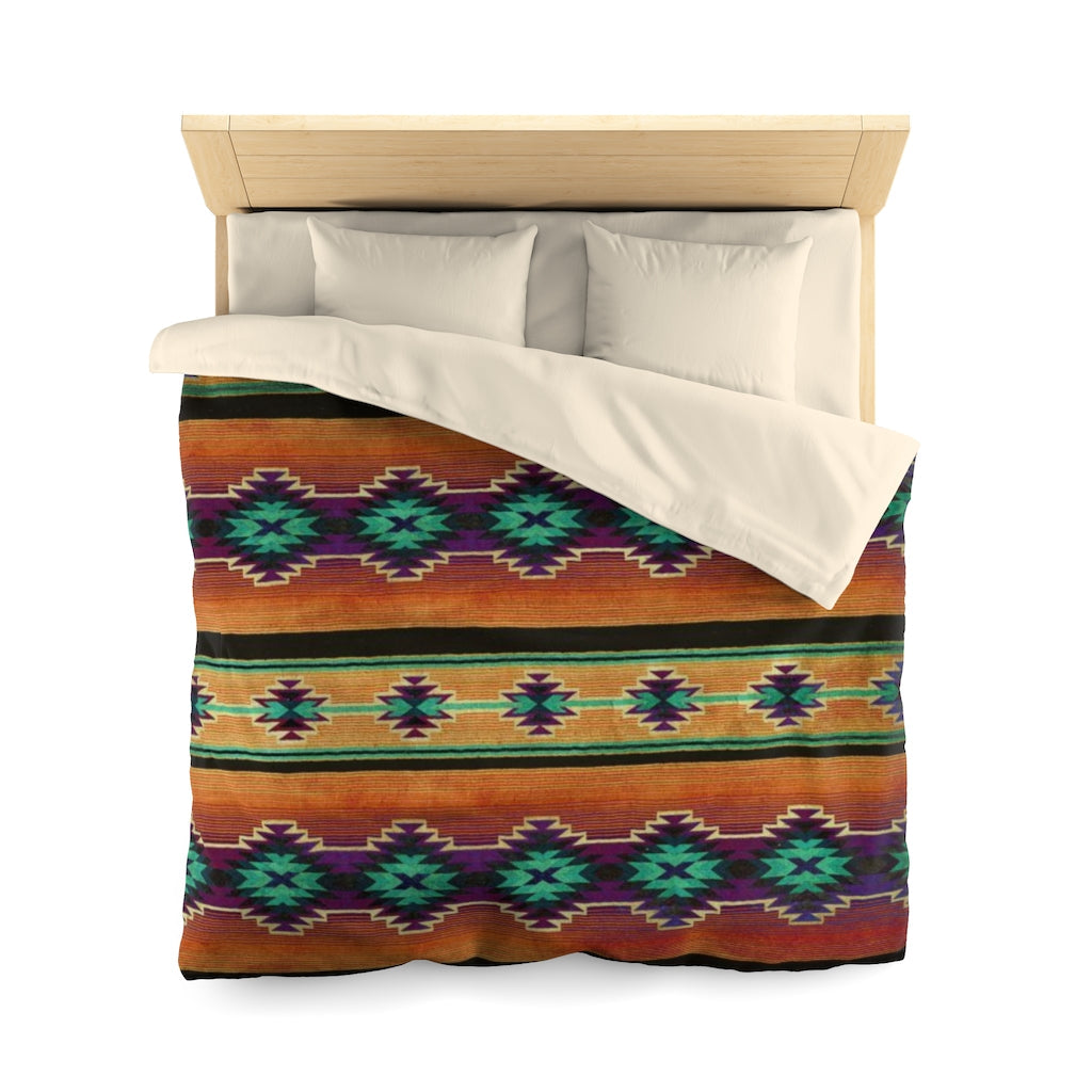 Funky Shaman Burnt Amber Green | Native American Pattern Duvet Cover