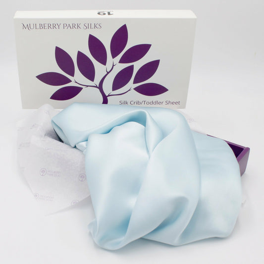 Mulberry Park 19 Momme Silk Crib Sheet Main Bedtime Blue Fine Linens
