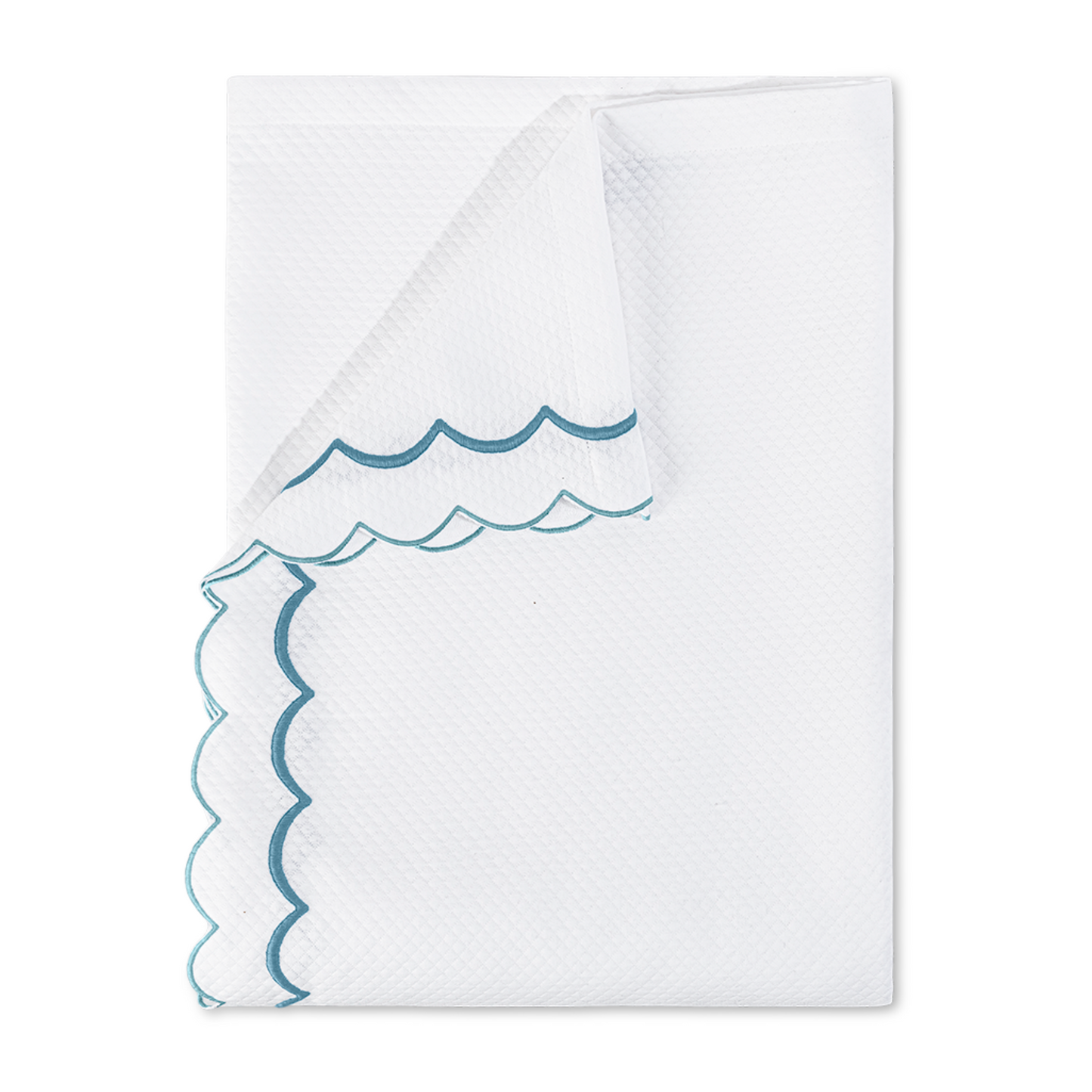 Top View of a Folded Matouk India Pique Bedding Coverlet in Cerulean Color