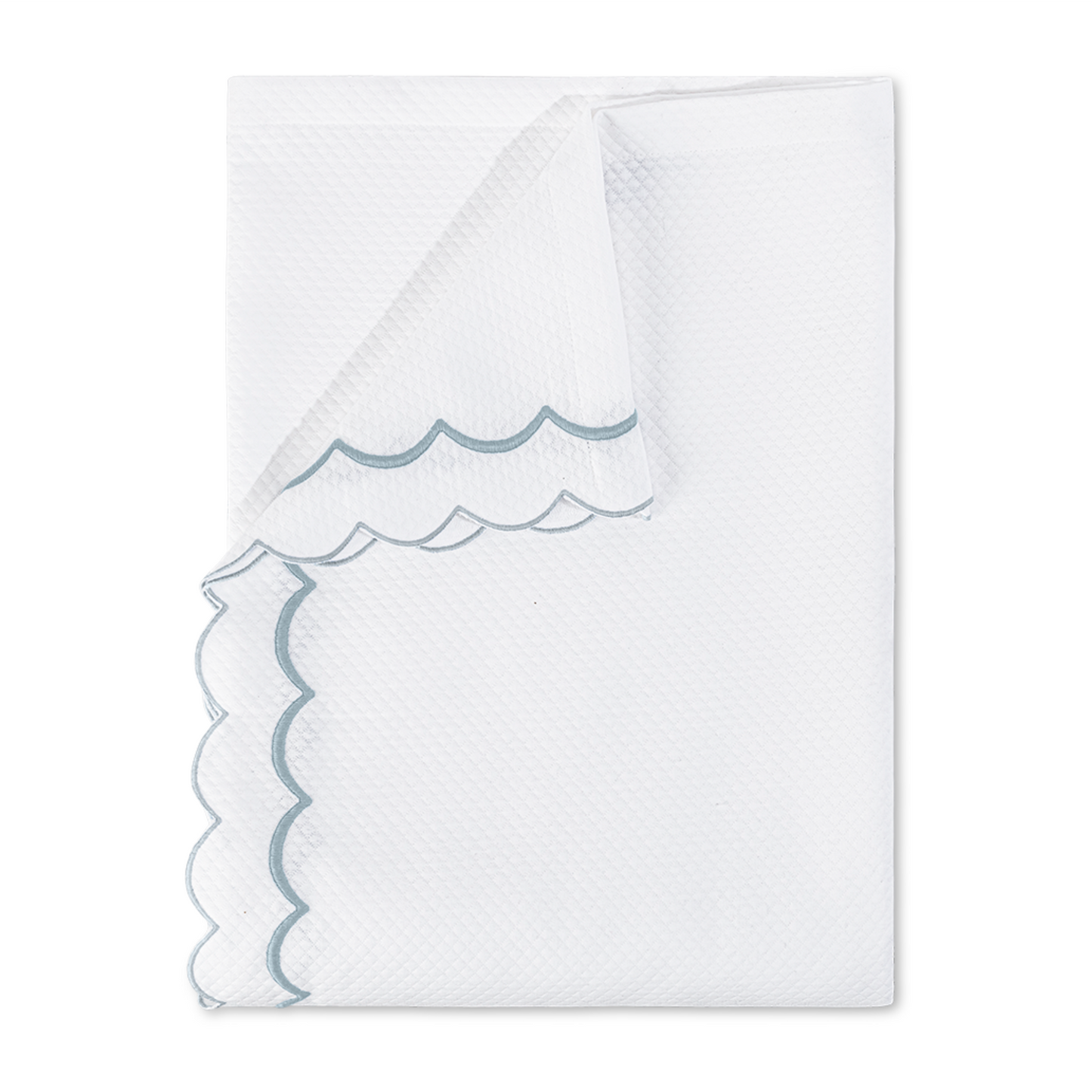 Top View of a Folded Matouk India Pique Bedding Coverlet in Pool Color