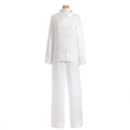 Mannequin wearing a Pine Cone Hill Silken Solid Pajama in White Color