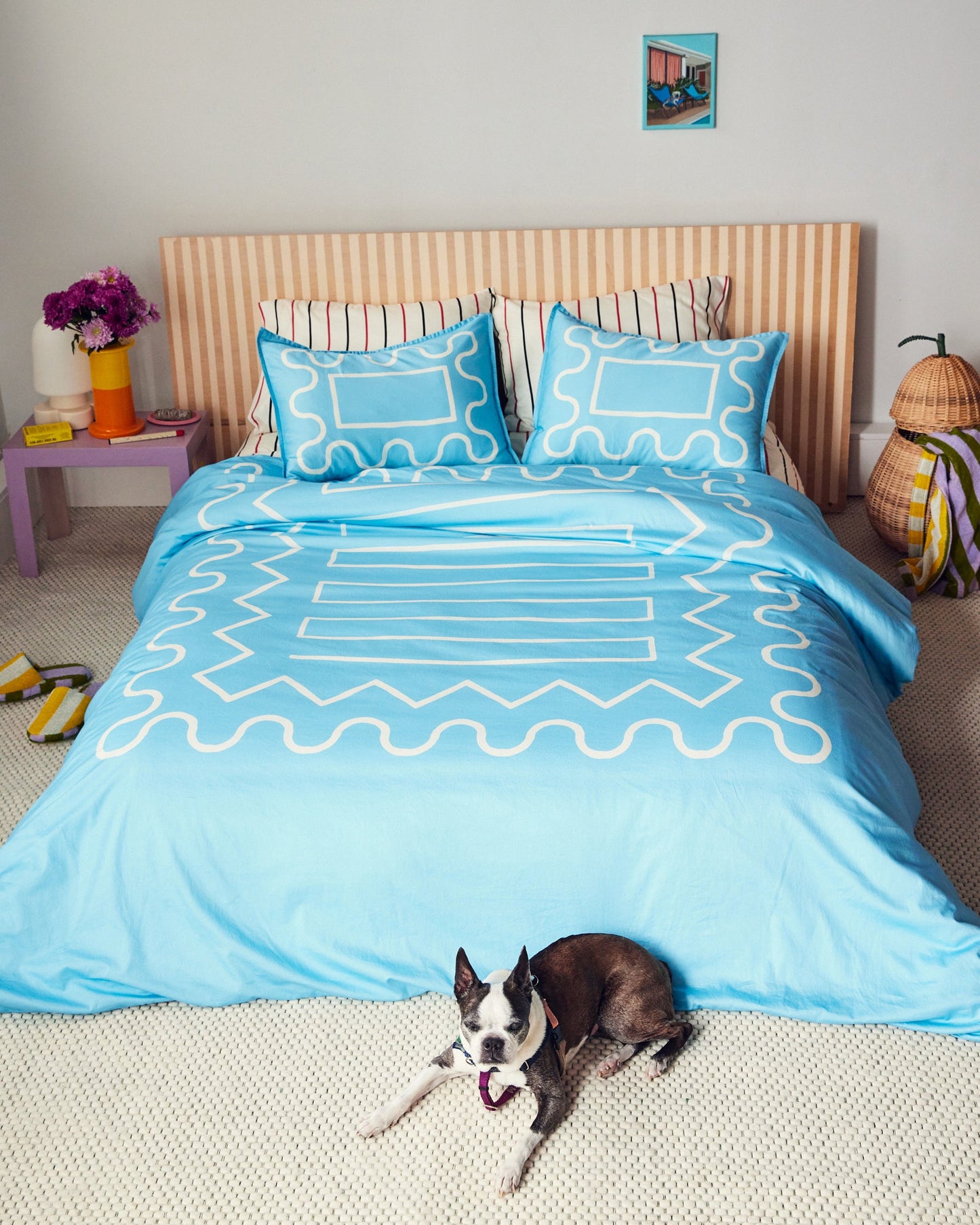 Dusen Dusen Ricrac Duvet Set in sky blue and white ricrac pattern, includes a duvet cover plus set of 2 shams (1 for Twin); Perfect for fulfilling your lifelong dream of sleeping on a finely iced cake.