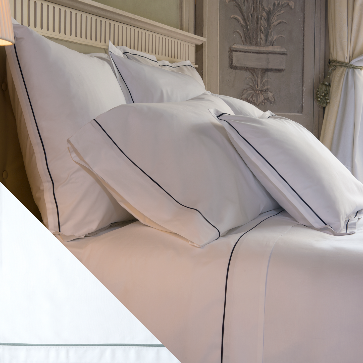 Closeup of Signoria Luce Bedding in White Color with Wilton Blue Swatch