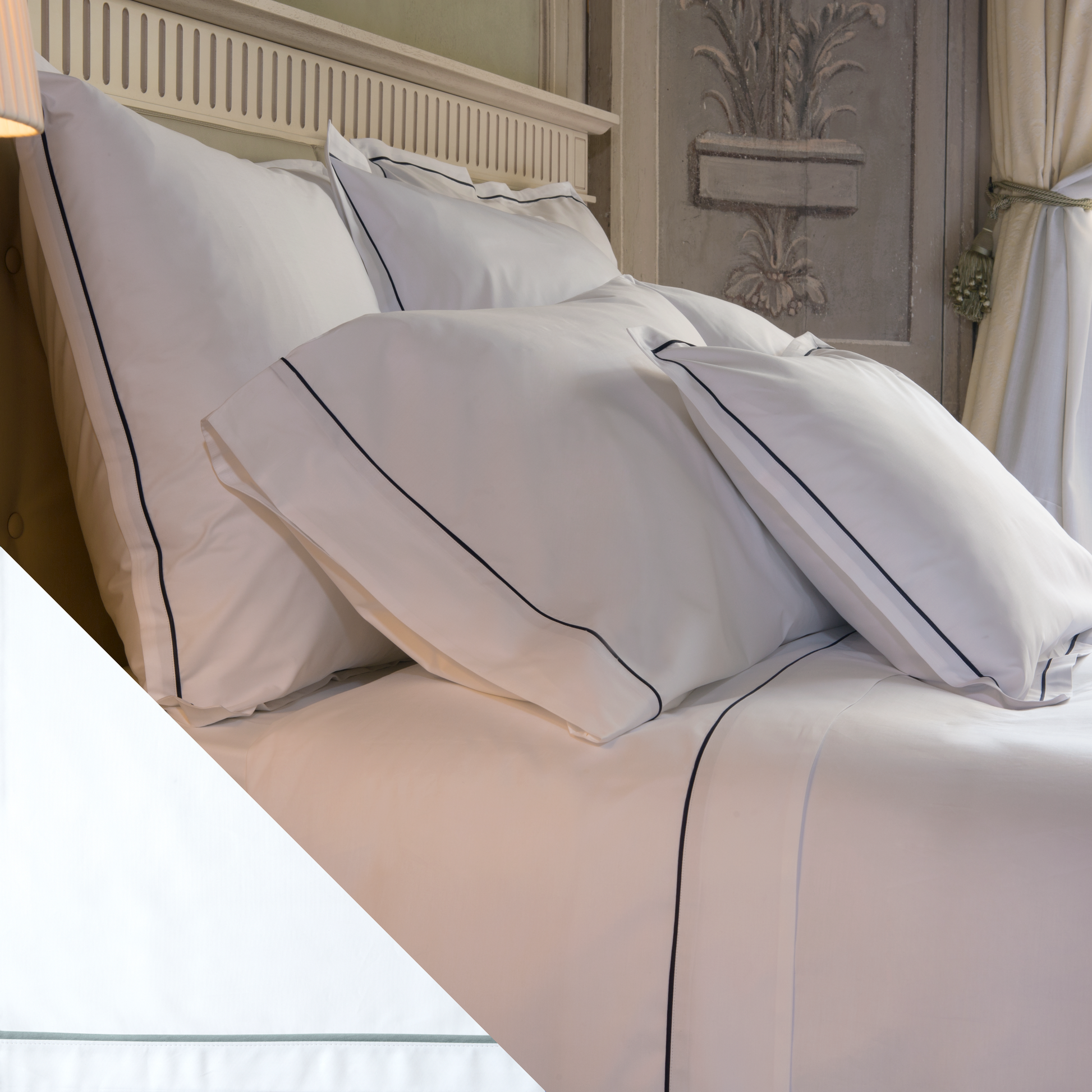 Closeup of Signoria Luce Bedding in White Color with Wilton Blue Swatch