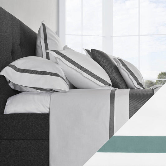 Full Bed Dressed in Signoria Pegaso Bedding with White/Wilton Blue Swatch