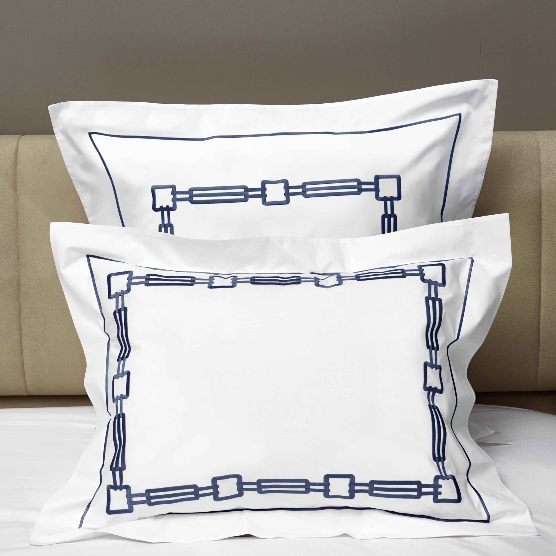 Closeup View of Signoria Retrò Shams in White/Dark Blue Color