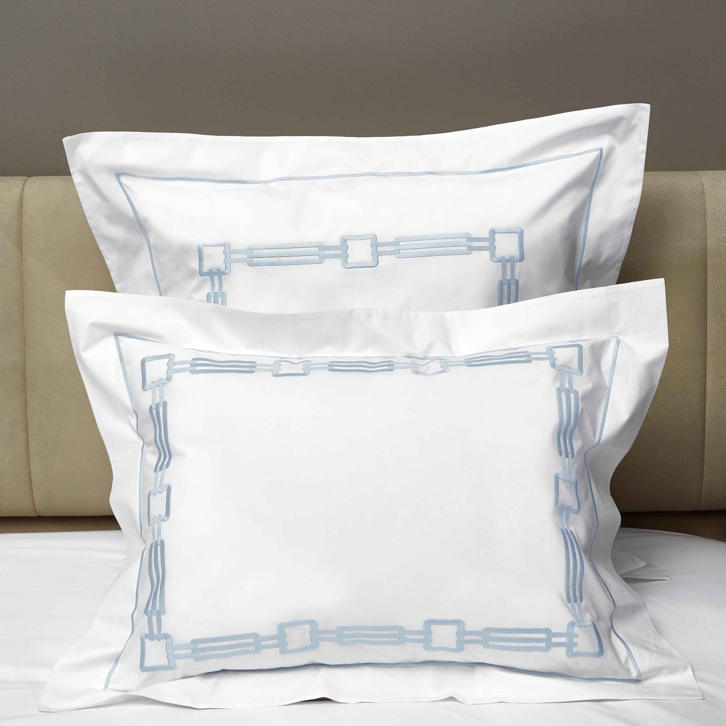 Closeup View of Signoria Retrò Shams in White/Sky Blue Color