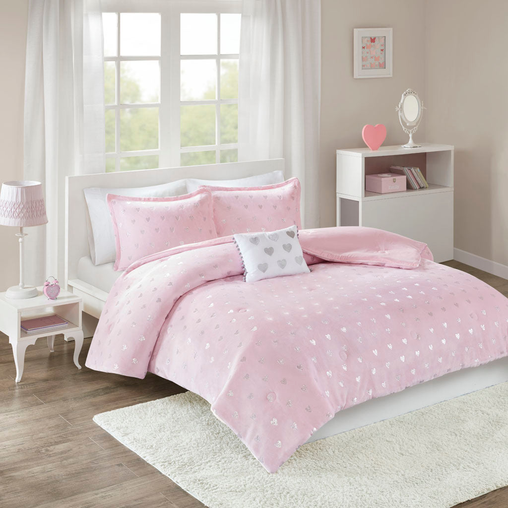Kids Pink & Silver Metallic Printed Plush Comforter Set (2 Sizes)