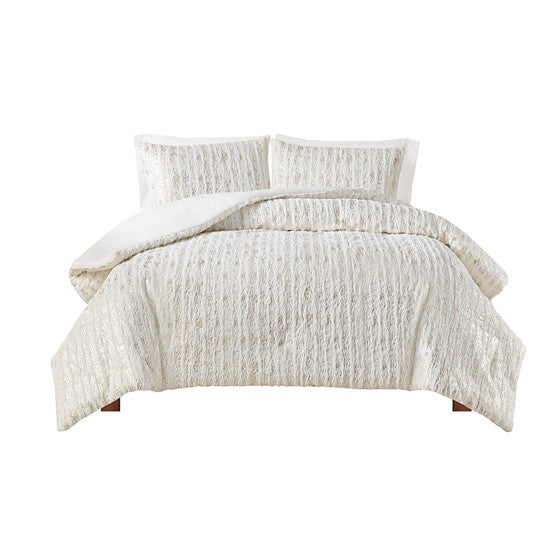 White & Gold Metallic Print Faux Fur Comforter Set (3 Sizes)