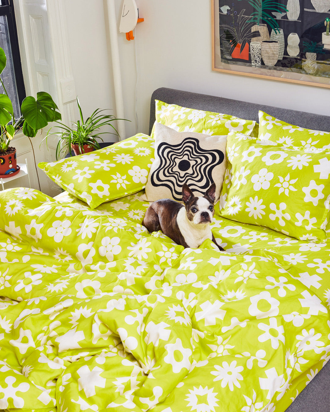 Dusen Dusen Yellow Wingding Duvet and Sheet Sets. Duvet and Sheet Sets in chartreuse and white Wingdings print. Include an individual Flat Sheet to round out a Sheet Set. 100% cotton sateen, 300 thread count. Machine wash cold and tumble dry. Made in Portugal. Our cotton sateen is smooth and cool to the touch and features a slightly lustrous finish.; WARNING: do not translate this bedding. <br> FINAL SALE <br> Up to 50% Off